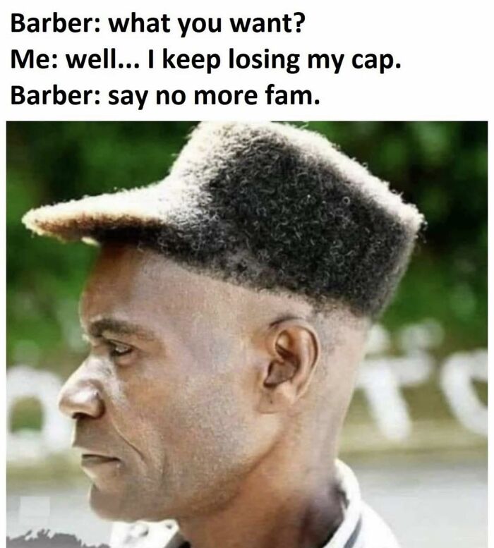 Man with a hairstyle shaped like a cap, illustrating funny memes to brighten dark and cold winter days.