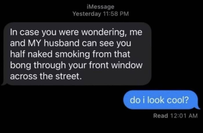 Text message conversation with a funny meme about smoking from a window, adding humor to dark winter days.