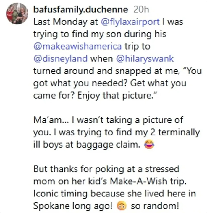 Social media post detailing Hilary Swank apologizing after berating mom of terminally ill kids at airport. Social media post detailing Hilary Swank apologizing after berating mom of terminally ill kids at airport.