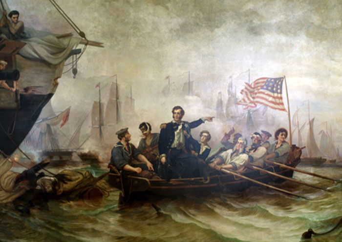 Historic painting showing a naval scene with sailors rowing a boat and an American flag during a battle, illustrating bizarre facts from history.