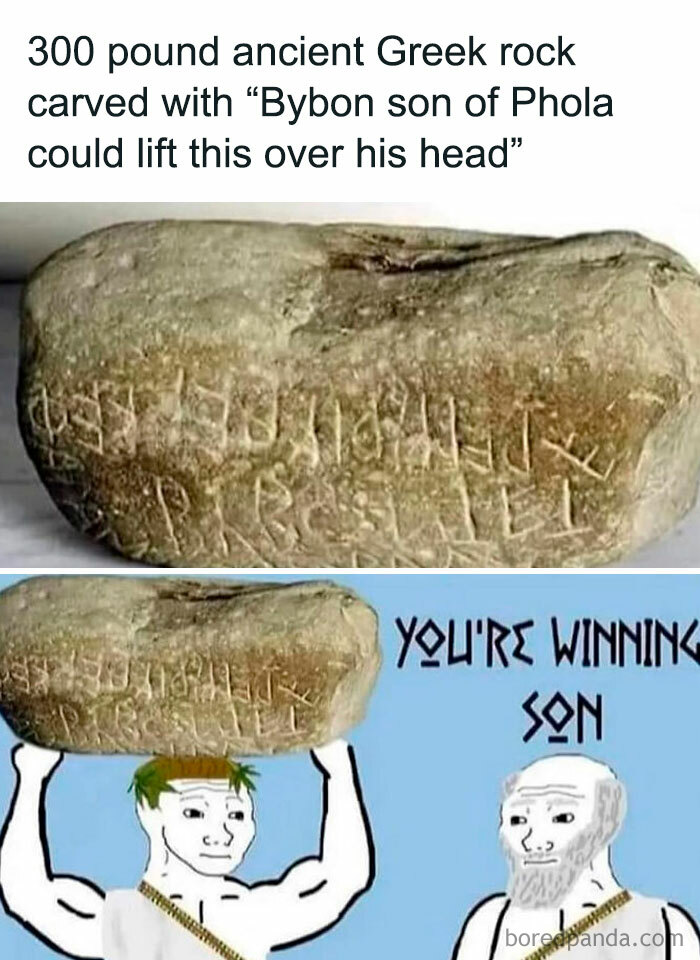 Ancient Greek rock carved with inscription, featured in history class memes for learning valuable lessons humorously.
