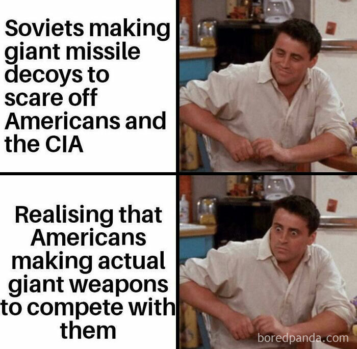 Scene from Friends meme about Soviets making missile decoys and Americans building giant weapons, history class meme concept.