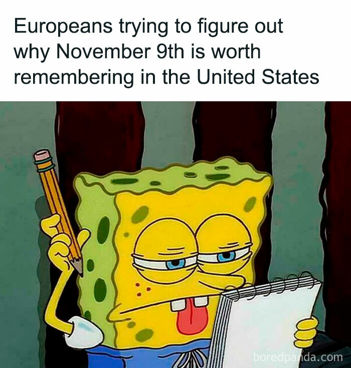 SpongeBob meme showing Europeans confused about the significance of November 9th, a history class meme for learning.