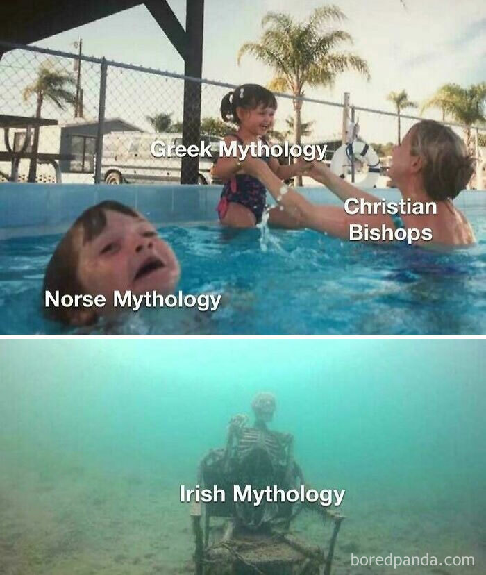 Meme illustrating different mythologies with children in a pool and an underwater skeleton, humor in history class memes.