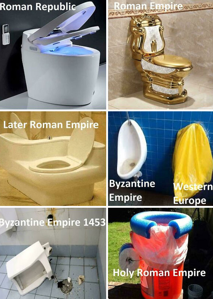 Humorous history memes comparing toilets from Roman Republic to Holy Roman Empire showing evolution in empire bathrooms.