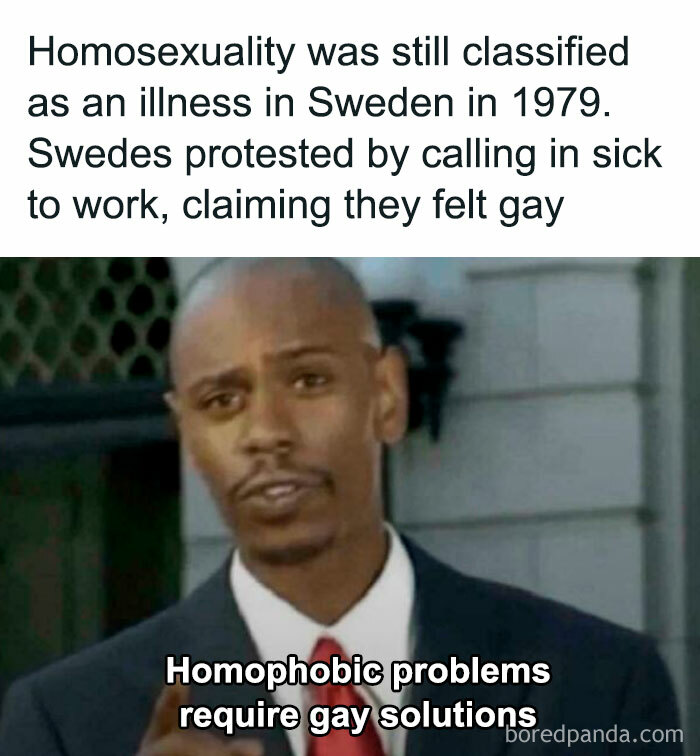 Meme about historical classification of homosexuality in Sweden with a man in a suit discussing homophobic problems and gay solutions.