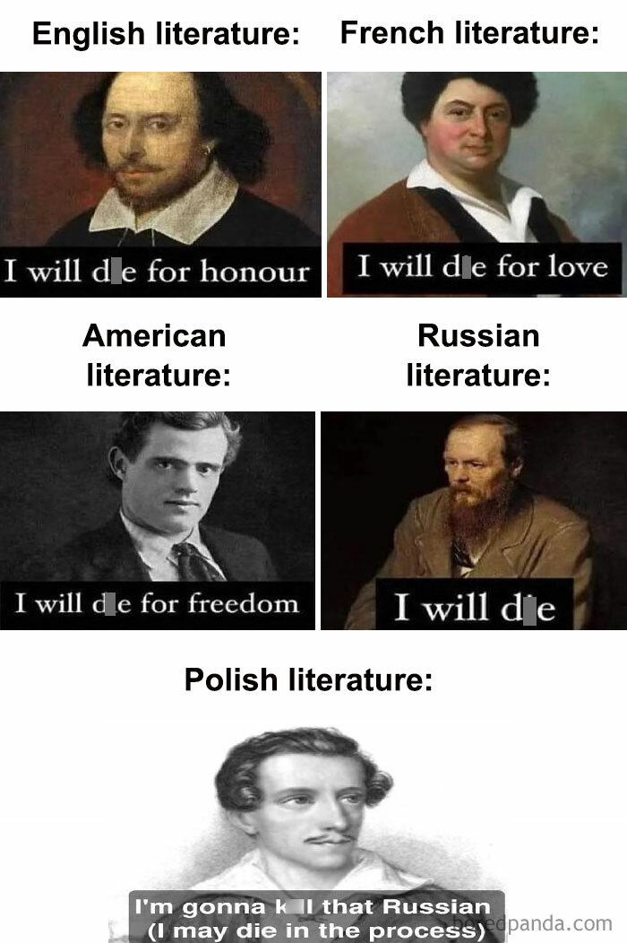 Memes comparing English, French, American, Russian, and Polish literature showcasing humor during history class learning.