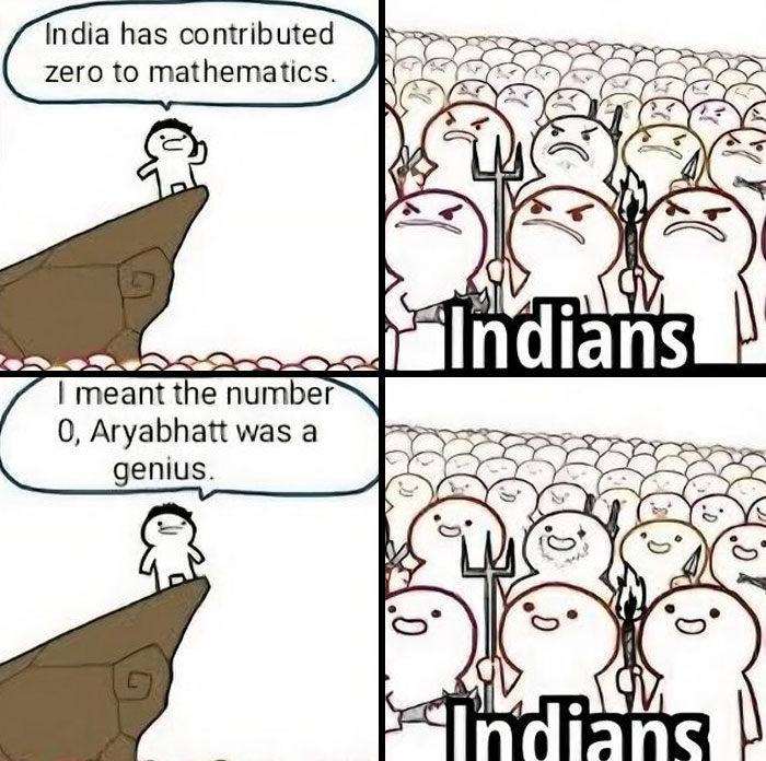 Comic meme showing a character correcting a math claim while angry and happy crowds labeled Indians react, history class meme.