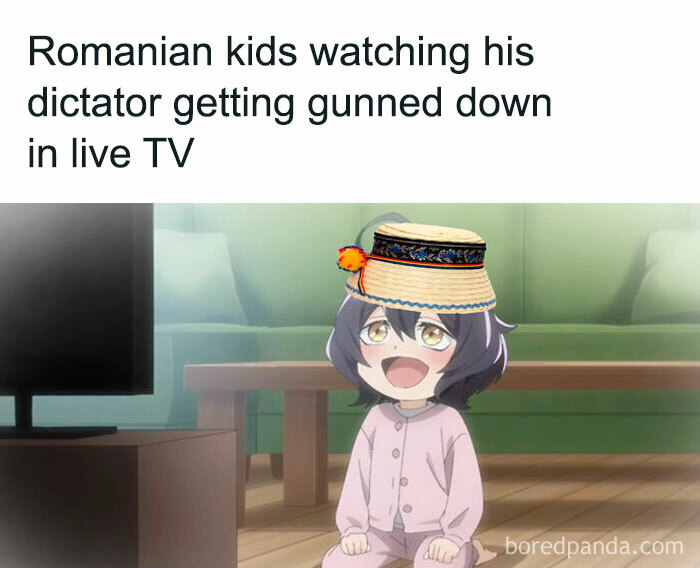 Anime child in pajamas and a hat watching TV, meme related to history class learning with valuable historical moments.