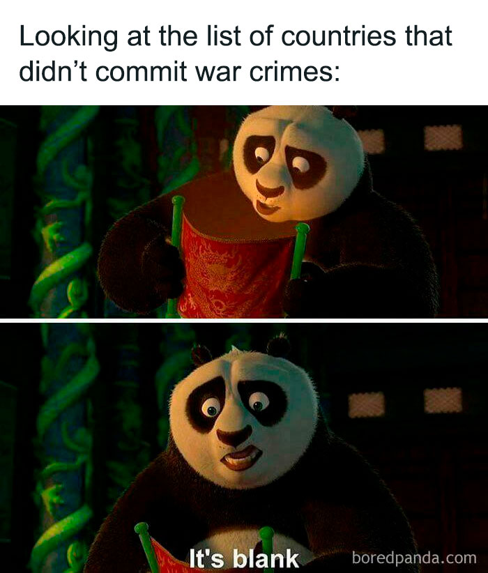 Scene from Kung Fu Panda meme highlighting countries with no war crimes, connecting to history class memes for learning valuable facts.