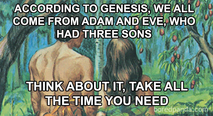 Adam and Eve depicted in a historical meme combining religious history and educational humor for history class learning.