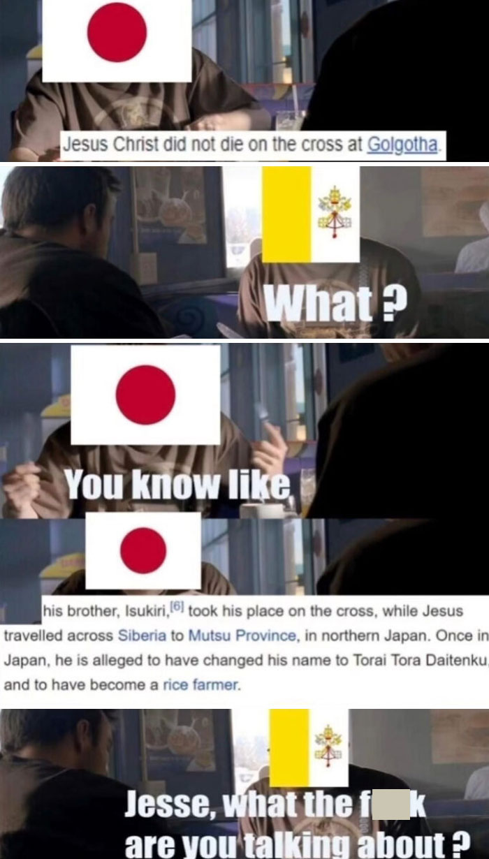 Meme about Jesus traveling to Japan and historical facts seen during history class for educational value.