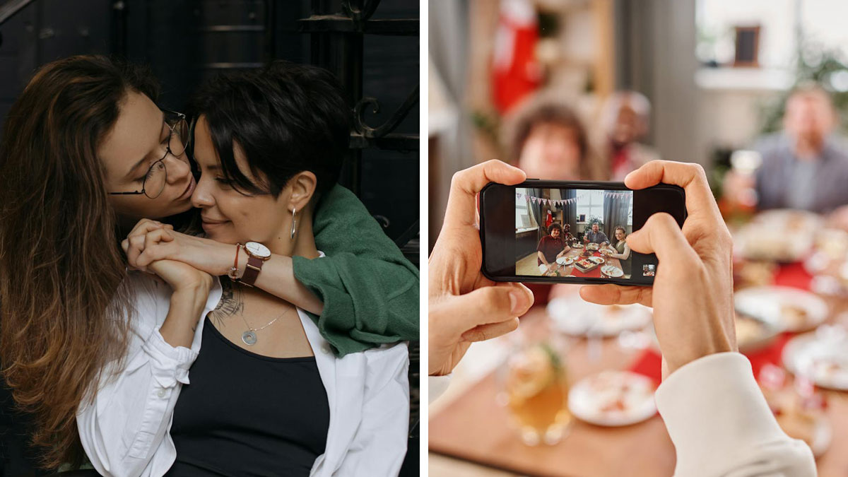 Two women embracing affectionately paired with a family photo being taken on a smartphone at a dining table.