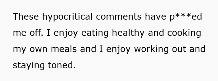 Text expressing frustration over hypocritical skinny-shaming and defending body positivity and healthy habits.