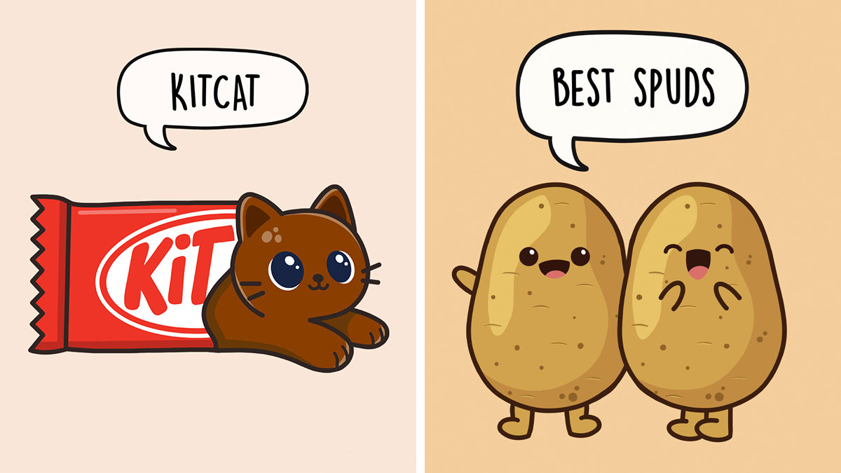 Illustrations of groan-worthy puns featuring a cat KitKat and two happy potatoes labeled best spuds to make you giggle.