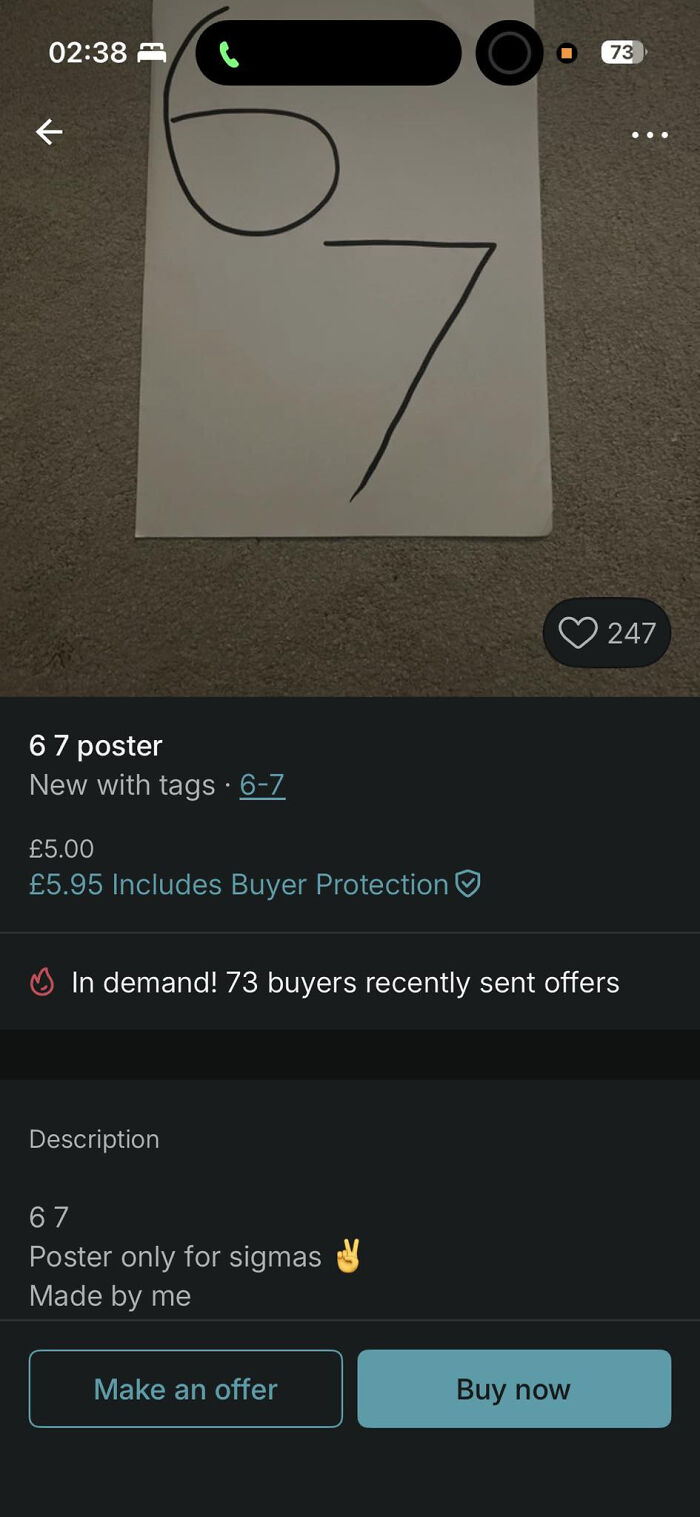 Minimalist 6 7 poster listed on Vinted with a humorous description and high buyer interest shown by 247 likes.