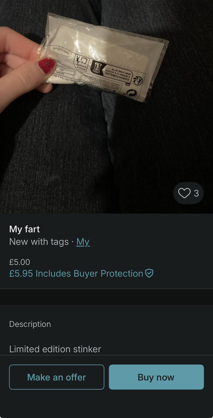 Hand holding a small sealed package with a humorous Vinted post listing an unhinged item for sale.