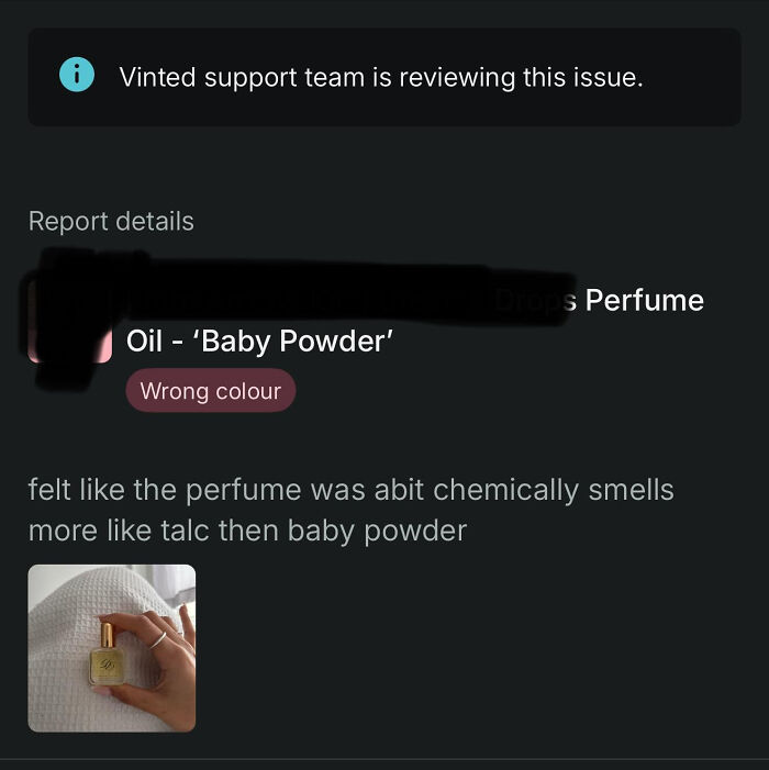 Vinted post showing a perfume review with user describing a scent mix-up and Vinted support reviewing the issue.