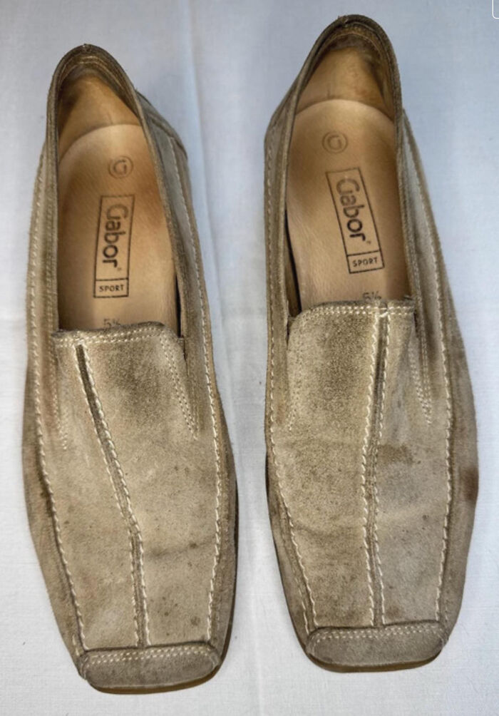 Worn pair of beige Gabor Sport loafers with visible stains and creases in a Vinted second take post.