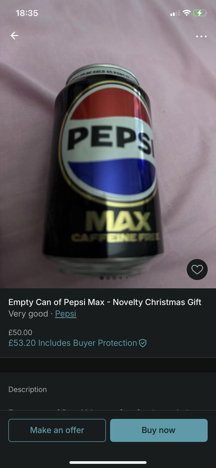 Empty Pepsi Max can listed as a novelty item on Vinted, highlighting unhinged Vinted posts that surprise buyers.