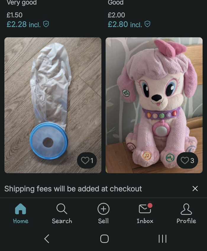 Two unusual Vinted listings showing a clear plastic item and a pink plush toy, highlighting unhinged Vinted posts.