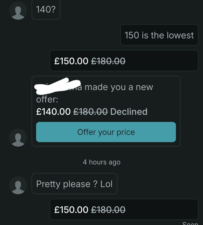 Chat conversation showing negotiations on Vinted with offers and declines between £140 and £150 on a £180 item.