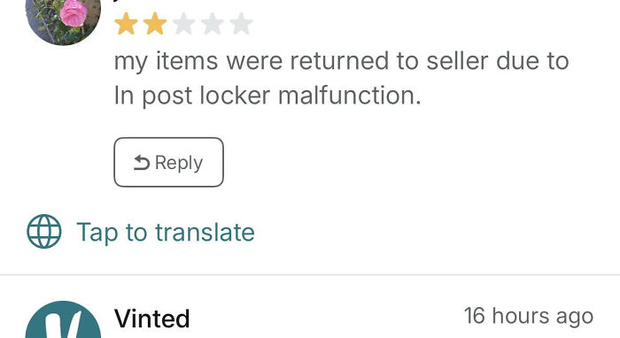 Screenshot of an unusual Vinted post review highlighting a locker malfunction causing items to be returned to the seller.