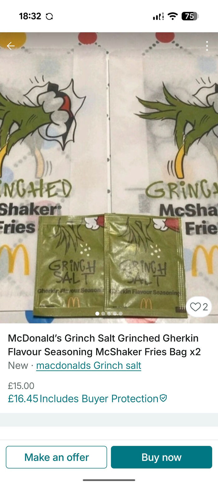 McDonald's Grinch Salt seasoning packets with packaging featuring Grinch-themed McShaker Fries bags on sale online.