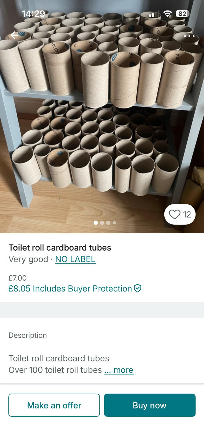 Multiple cardboard toilet roll tubes stacked on a gray shelf, featured in unhinged Vinted posts that surprise viewers.