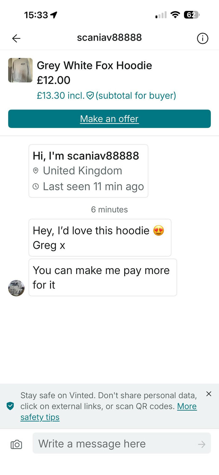 Screenshot of a Vinted chat with a buyer willing to pay more for a Grey White Fox Hoodie listing.