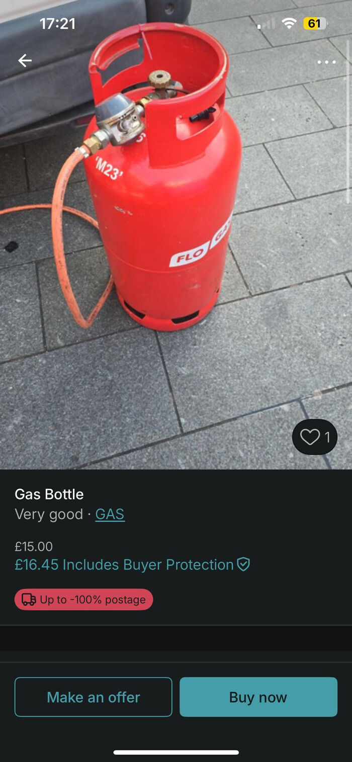 Red gas bottle placed on a pavement, listed for sale on Vinted, featured among unhinged Vinted posts causing double takes.