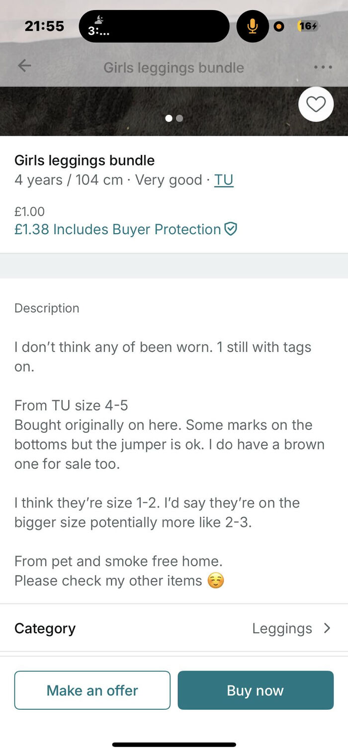 Vinted listing for a girls leggings bundle with detailed size and condition description, including buyer protection option.