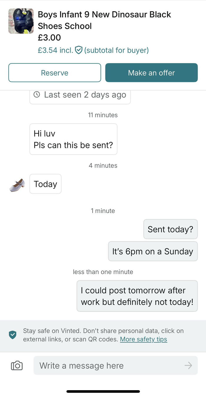 Chat exchange on Vinted about sending boys infant dinosaur shoes with buyer insisting on same-day postage.