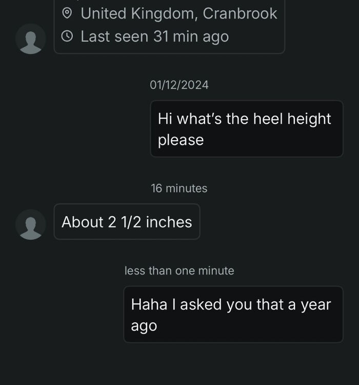 Conversation on Vinted about heel height, with buyer humorously noting they asked the same question a year ago.