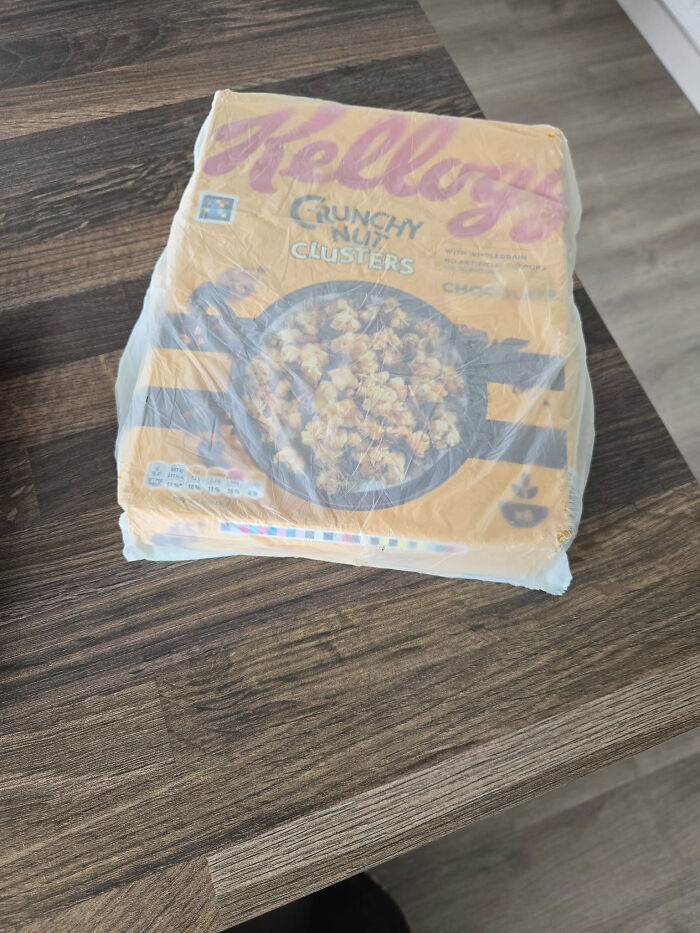 Package of Kellogg's Crunchy Nut Clusters cereal wrapped in plastic, shared in unhinged Vinted posts causing a second take.