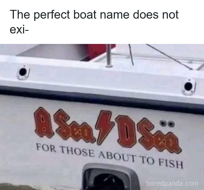 Boat with funny dad joke name a Sea D Sea, playing on band AC/DC, perfect for dad jokes about fishing.