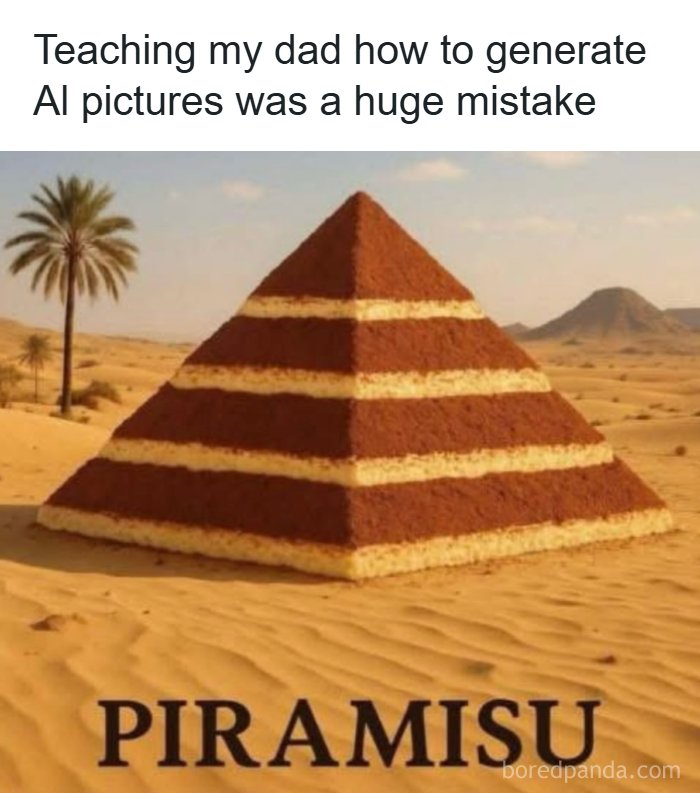 Pyramid-shaped tiramisu dessert in desert with dad joke about AI picture generation and funny dad jokes theme.