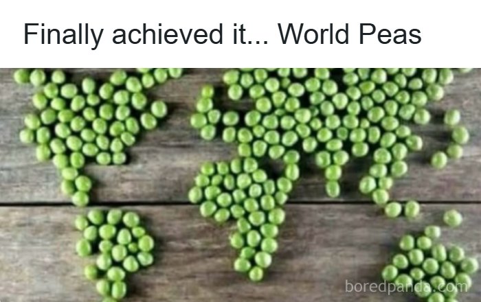 World map made of green peas humorously illustrating a dad joke about "World Peas" for funniest dad jokes content.
