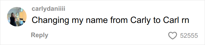 Social media comment about changing name from Carly to Carl, related to testing Chipotle food portions with male names. Social media comment about changing name from Carly to Carl, related to testing Chipotle food portions with male names.
