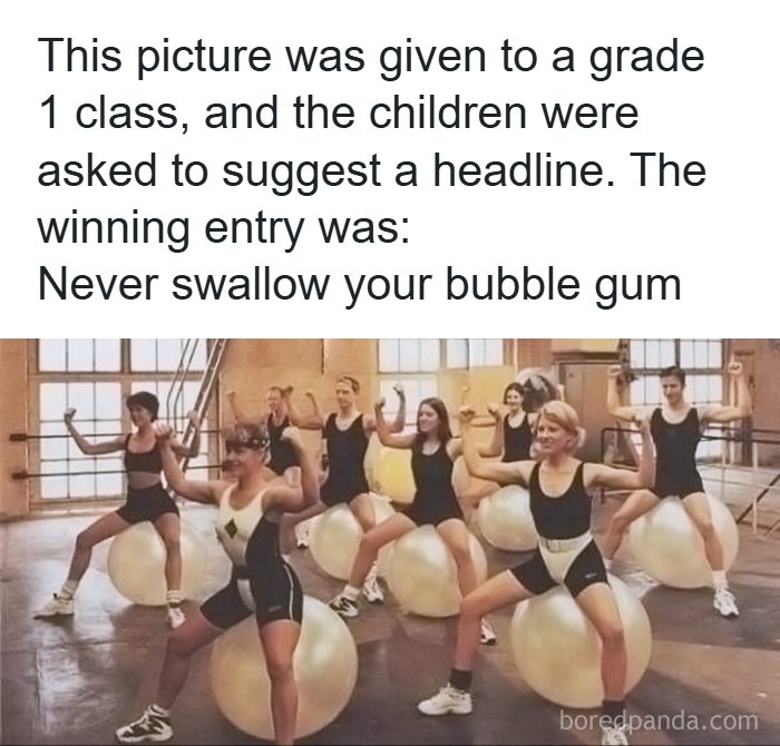 Group of people exercising on fitness balls with caption about a funny dad joke on bubble gum safety.