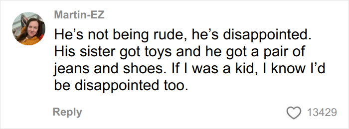 Comment expressing that a boy is disappointed about Angel Tree gifts, highlighting ungrateful reactions and viewer opinions. Comment expressing that a boy is disappointed about Angel Tree gifts, highlighting ungrateful reactions and viewer opinions.