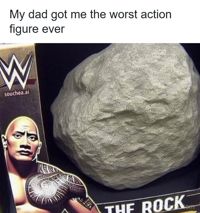 A funny dad joke showing a toy box for WWE's The Rock with a large rock inside as the action figure.