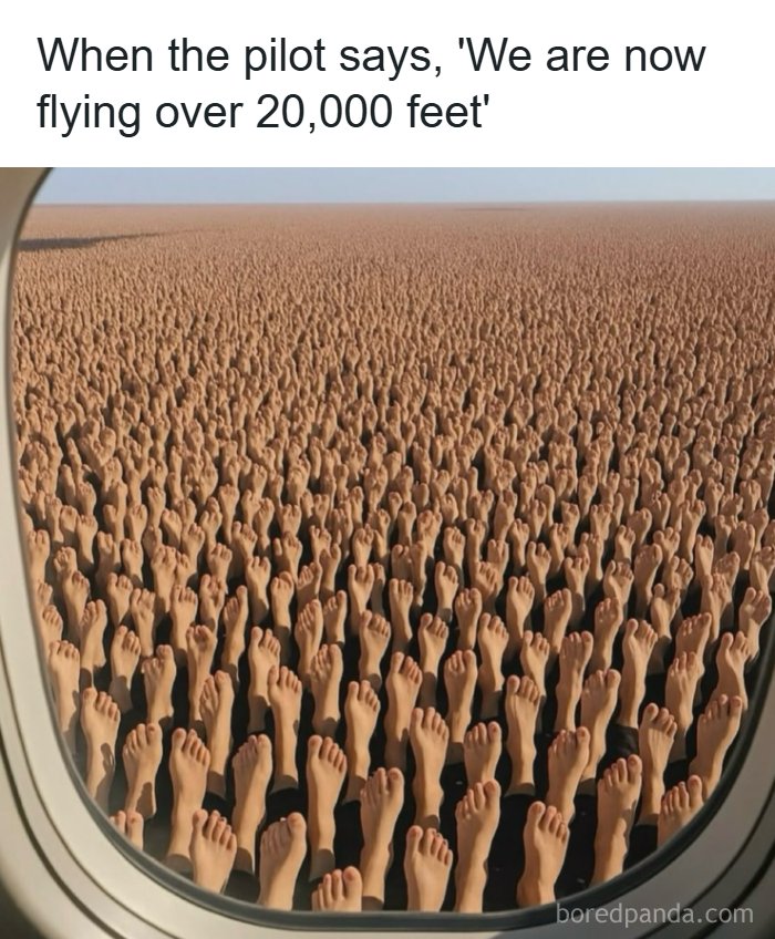 View from airplane window showing a sea of human feet, illustrating a funny dad joke visual pun about flying over 20,000 feet.