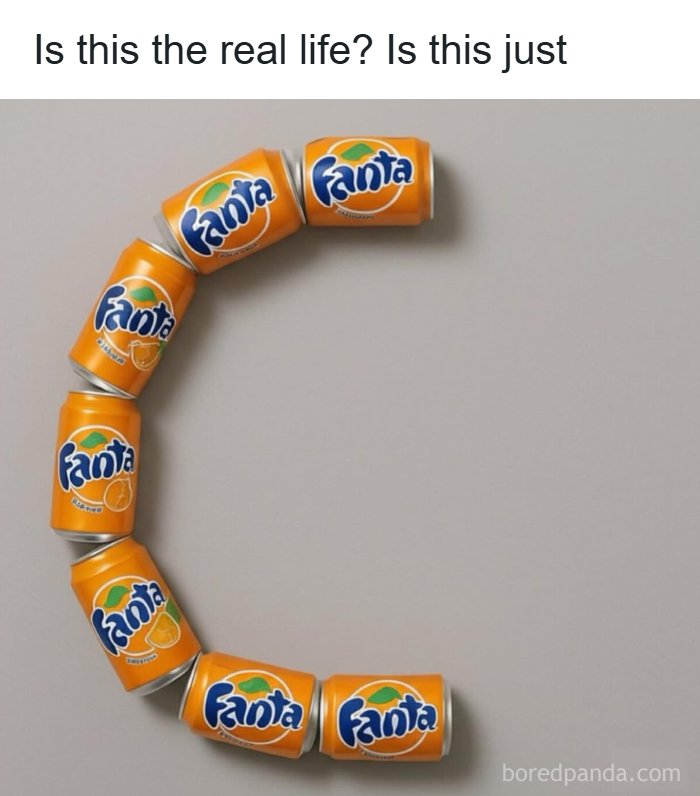 Orange Fanta soda cans arranged in a C shape with text referencing funny dad jokes from a dedicated account.