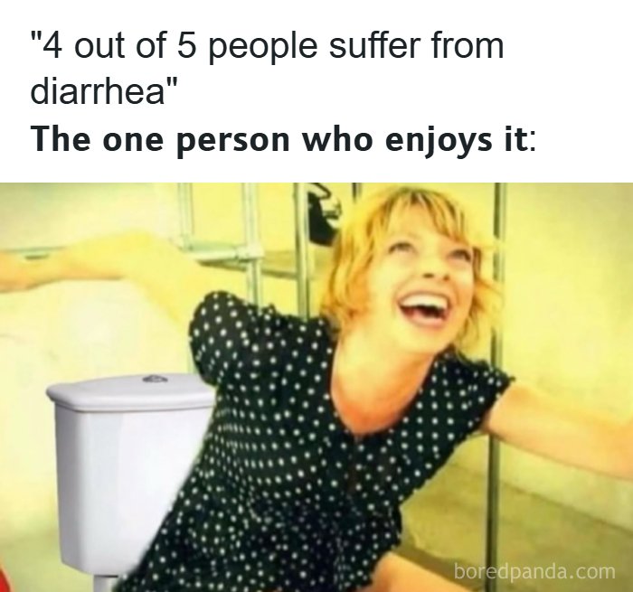 Woman laughing joyfully next to a toilet in a funny dad jokes meme about diarrhea and enjoyment.