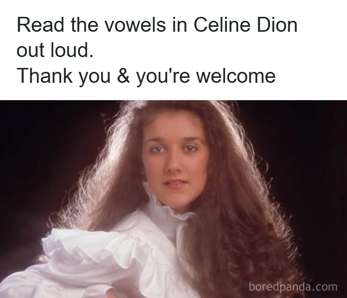 Image of a vintage portrait of Celine Dion with a dad joke about reading the vowels in her name aloud, highlighting funny dad jokes.