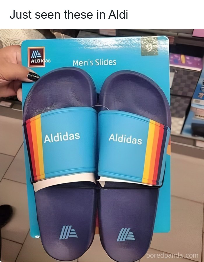 Blue Aldidas men's slides with rainbow stripes, a humorous knockoff spotted in Aldi, reflecting Eastern Europe memes humor.