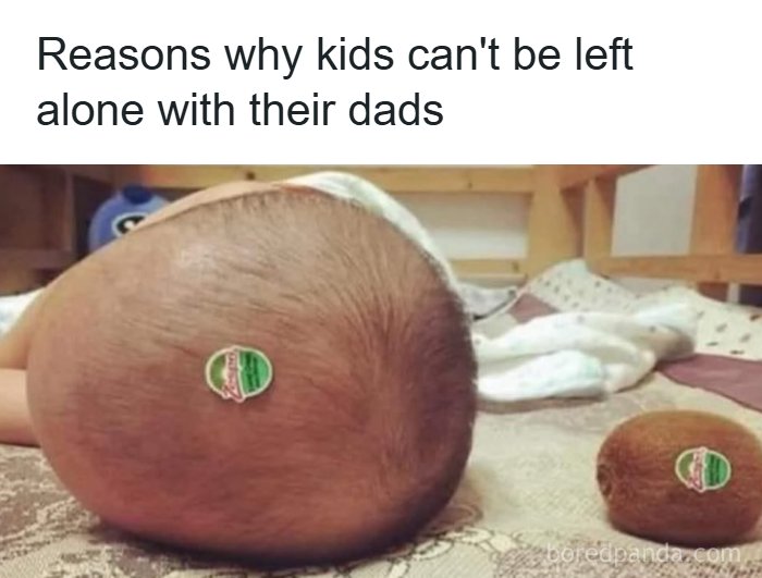 Funny dad joke meme showing a baby with a fruit sticker on its head next to a kiwi fruit with a similar sticker.