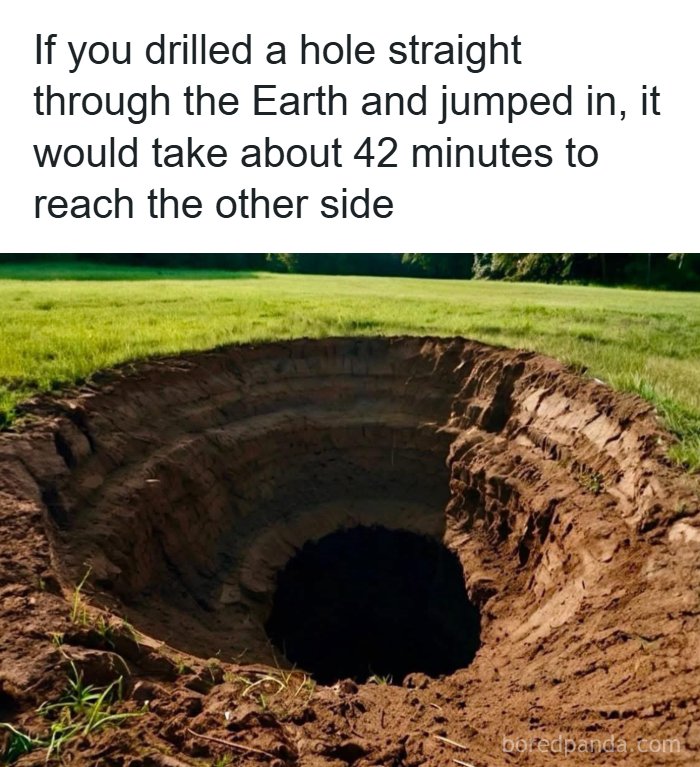 A large hole dug in the ground illustrating a weird math problem about drilling through the Earth and time to reach the other side.