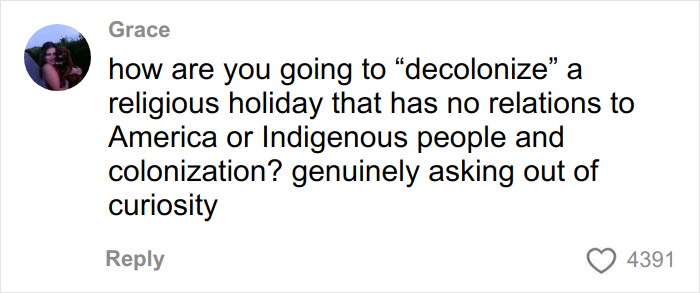 Social media user hilariously trolled over her attempt to decolonize Christmas in an online comment thread. Social media user hilariously trolled over her attempt to decolonize Christmas in an online comment thread.
